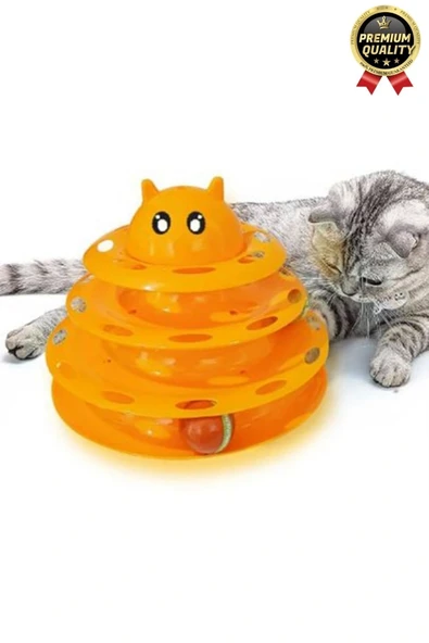 Premium Eğlenceli Renkli Dayanıklı Yuvarlak Kauçuk Pedli 3 Katlı Kedi Oyuncağı Top Döndürme Kulesi - 2