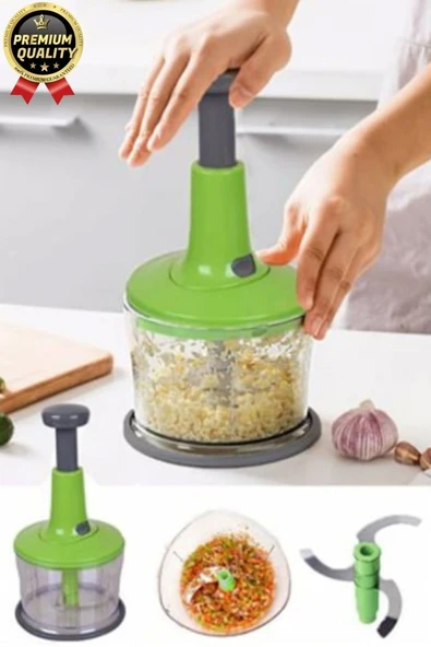 Premium Pratik Paslanmaz Çelik Sebze Meyve Soğan Doğrama Bıçaklı Üstten Basmalı El Rondosu Blender - 2