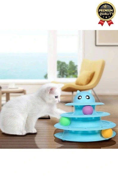 Premium Eğlenceli Renkli Dayanıklı Yuvarlak Kauçuk Pedli 3 Katlı Kedi Oyuncağı Top Döndürme Kulesi - 2