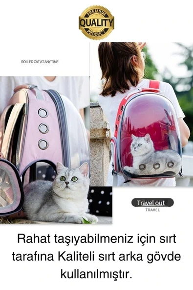 Premium Şeffaf Delikli Evcil Hayvan Kedi Köpek Taşıma Sırt Çantası Cepli Rahat Sağlam 42x33x22 cm - 2