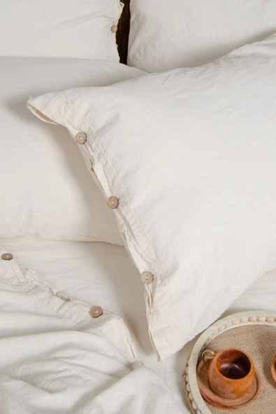 Boho | Keten Görünümlü Düğme Detaylı %100 Pamuk Çift Kişilik Nevresim Takımı - Bohockdy11 - 4