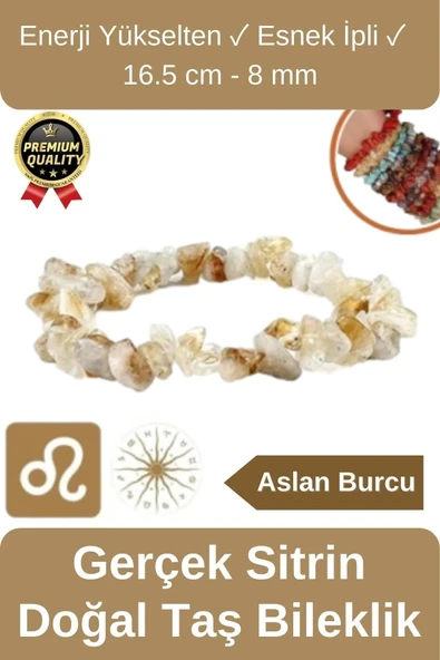 Özel Üretim Enerji Yükselten Esnek İpli Aslan Burcu Gerçek Sitrin Doğal Taş Unisex Bileklik 16.5 cm