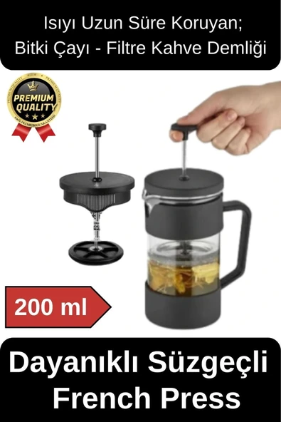 Premium Kalite Dayanıklı Isıyı Koruyan Filtre Kahve Bitki Çayı Demleme Siyah French Press 200 ml