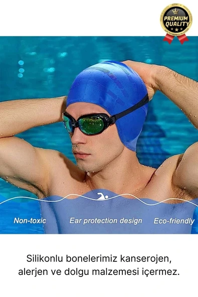 Premium Su Geçirmez Sızdırmaz Kaymaz Elastik Yüzme Şapkası Kaliteli Silikon Deniz Havuz Yüzme Bonesi - Resim 4