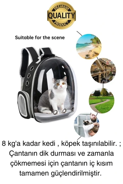 Premium Şeffaf Delikli Evcil Hayvan Kedi Köpek Taşıma Sırt Çantası Cepli Rahat Sağlam 42x33x22 cm - 6