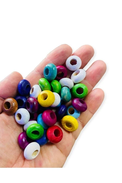100 Adet Ekonomik Paket Renkli Ahşap Burger Boncuk ~ En 8mm , Çap 15mm ~