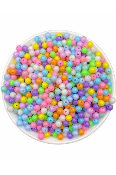 50gr 6mm Pastel Karışık Renkli Yuvarlak Plastik Boncuk , Takı Yapım Boncuğu (25GR,~240 ADET)