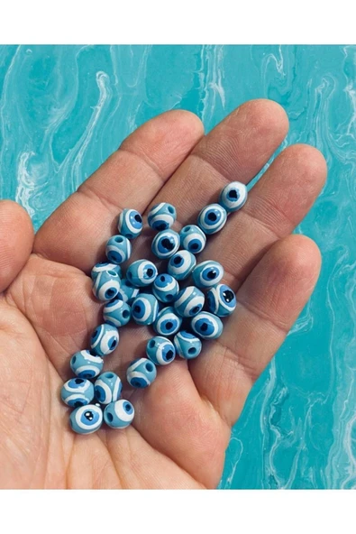 8mm Gök Mavisi ( Turkuaz ) Danagöz Boncuk - Takı Boncuğu - Saç Boncuğu - 50 Adet / Ince Delikli