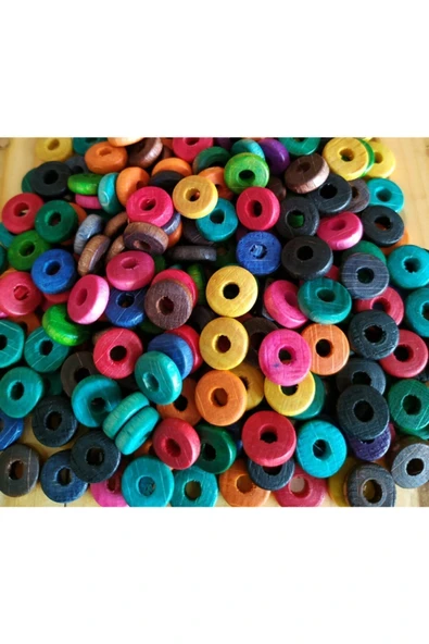Renkli Ahşap Boncuk , 10 Mm Silindir 80 gr ( Ort  ± 250 - 300 Adet)