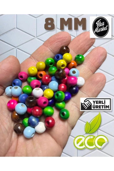 8 Mm Karışık Renkli Ahşap Boncuk - 100 Gram
