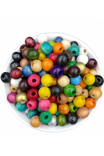 14 Mm Karışık Renkli Ahşap Boncuk - 100 Grm. ( ± 100 Adet)