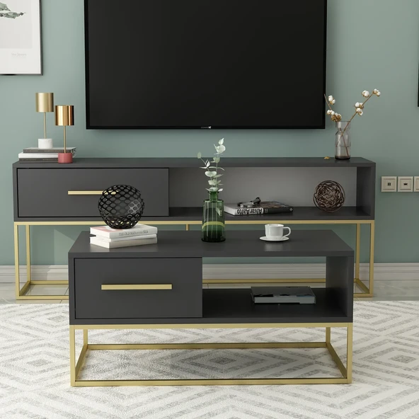 Mira Kapaklı Orta Sehpa, Gold Ayak, Modern Tasarım - 90 cm, Ev-Ofis - 2