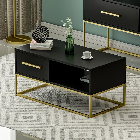 Mira Kapaklı Orta Sehpa, Gold Ayak, Modern Tasarım - 90 cm, Ev-Ofis - 7