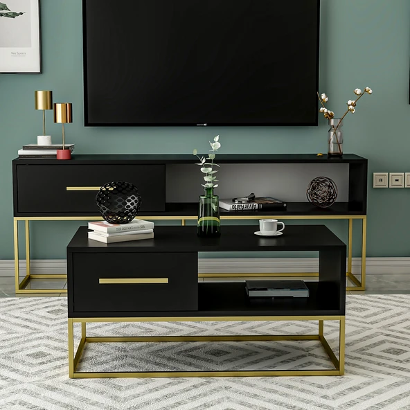 Mira Kapaklı Orta Sehpa, Gold Ayak, Modern Tasarım - 90 cm, Ev-Ofis - 2