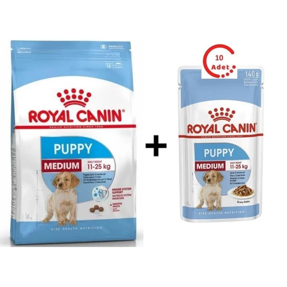 Royal Canin Medium Puppy Orta Irk Yavru Köpek Maması 15 Kg + 10 Adet  Royal Canin Medium Puppy Köpek Yaş Maması 140g