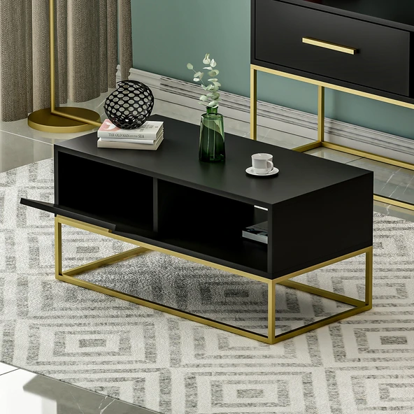 Mira Kapaklı Orta Sehpa, Gold Ayak, Modern Tasarım - 90 cm, Ev-Ofis - 6