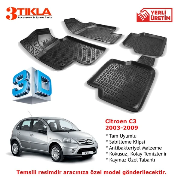 Citroen C3 2003-2009 Premium 3D Havuzlu Paspas Seti