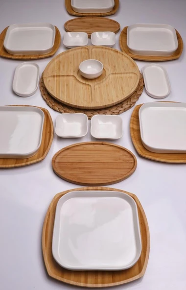 Atbyhome Natural Line 6 Kişilik 22 Parça Seramik ve Bambu Kahvaltı Takımı Lüks Kahvaltılık Sunum Seti