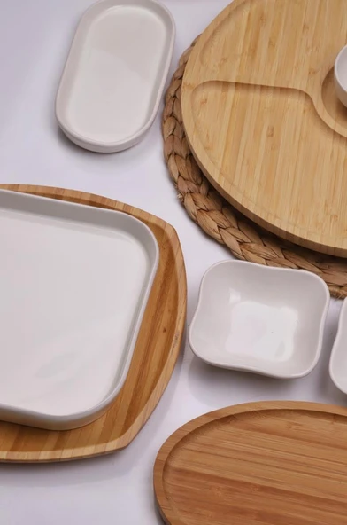 Atbyhome Natural Line 6 Kişilik 22 Parça Seramik ve Bambu Kahvaltı Takımı Lüks Kahvaltılık Sunum Seti - 3