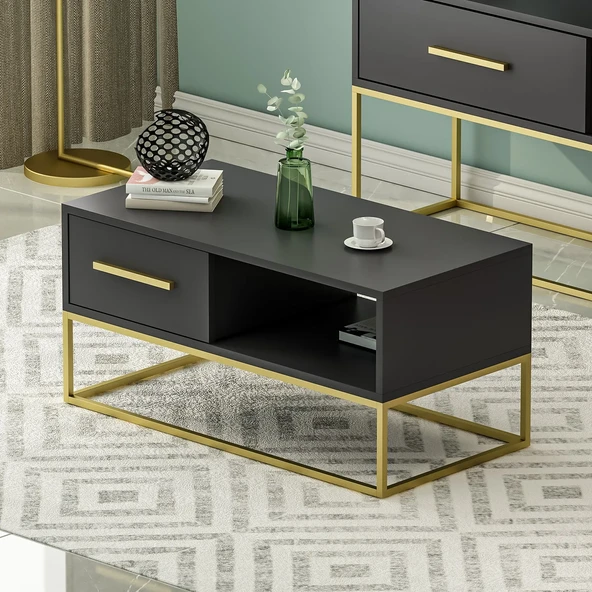 Mira Kapaklı Orta Sehpa, Gold Ayak, Modern Tasarım - 90 cm, Ev-Ofis - 6