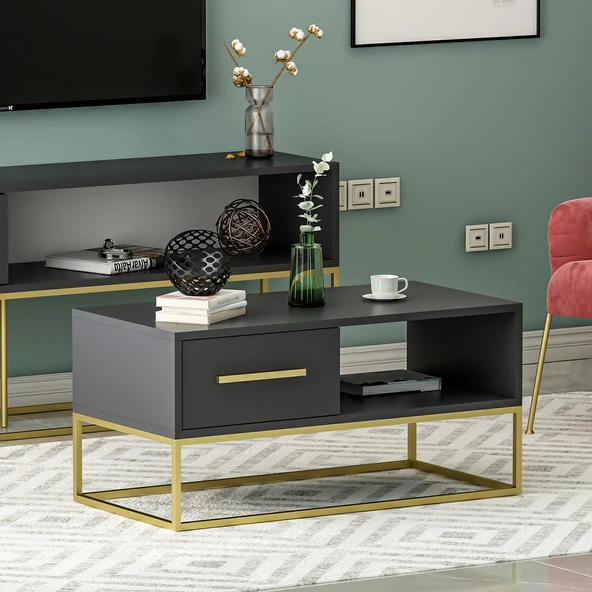 Mira Kapaklı Orta Sehpa, Gold Ayak, Modern Tasarım - 90 cm, Ev-Ofis