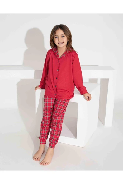 Kız Çocuk Yakası Ekose Desenli Düğmeli Uzun Kollu  Pijama Takımı - 2