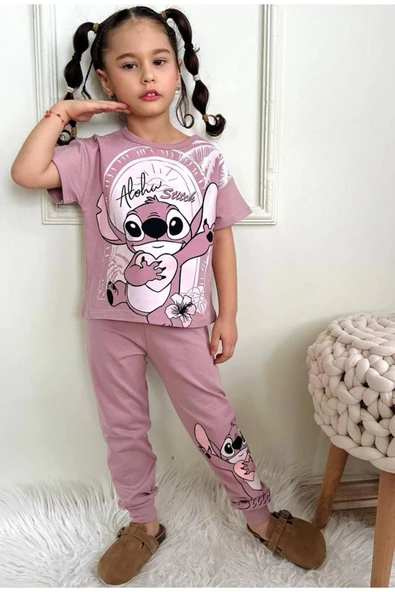 Kız Çocuk Stitchh Desenli Kısa Kollu  Tshırt Eşofman 2'Li Takım