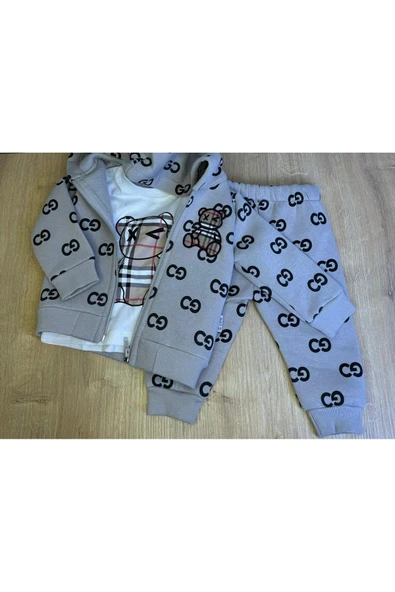 3'Lü Bebek Çocuk Şardonlu Kapişonlu Sweatshirt Uzun Kollu Tshirt Ve Eşohman Altı Takımı