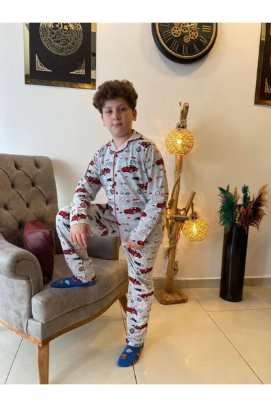 Erkek Çocuk Düğmeli Araba Desenli Uzun Kollu Pijama Takımı