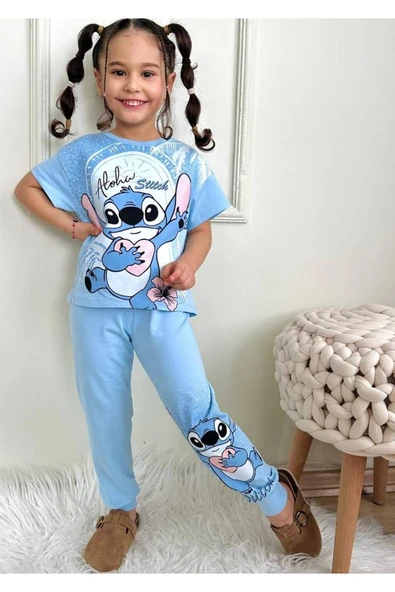 Kız Çocuk Stitchh Desenli Kısa Kollu  Tshırt Eşofman 2'Li Takım