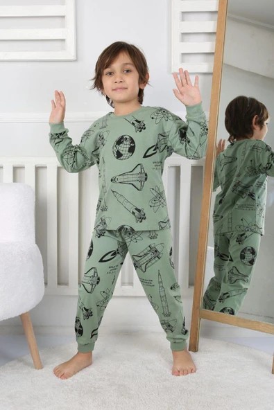 Erkek Çocuk Dünya Uzay Roketi Desenli Uzun Kollu Pijama Takımı