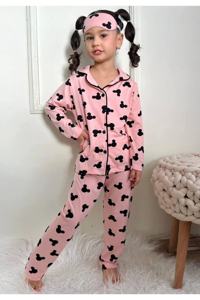 Kız Çocuk Düğmeli Mikii Desenli Uzun Kollu Pijama Takımı