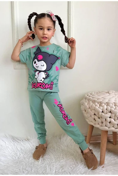 Kız Çocuk Kedi Desenli Kısa Kollu Tshırt Eşofman 2'Li Takım
