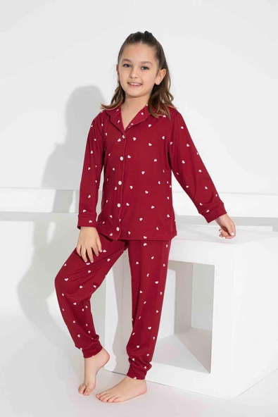 Kız Çocuk Kalp Desenli Düğmeli Uzun Kollu  Pijama Takımı - 2