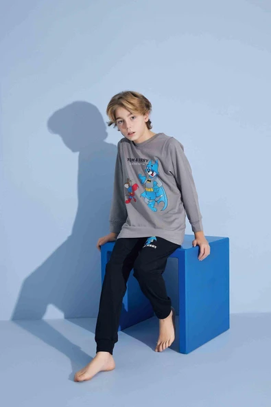 Erkek Çocuk Sevimli Kedi Desenli Uzun Kollu Pijama Takımı - 2