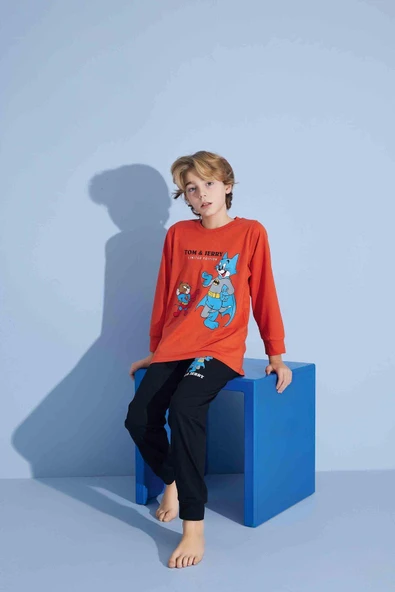 Erkek Çocuk Sevimli Kedi Desenli Uzun Kollu Pijama Takımı - Resim 2