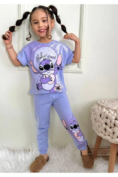 Kız Çocuk Stitchh Desenli Kısa Kollu  Tshırt Eşofman 2'Li Takım