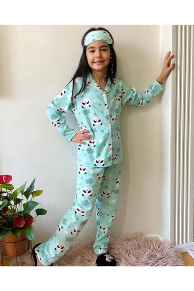 Erkek Çocuk Düğmeli Panda Desenli Uzun Kollu Pijama Takımı