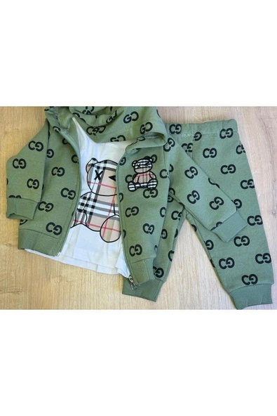 3'Lü Bebek Çocuk Şardonlu Kapişonlu Sweatshirt Uzun Kollu Tshirt Ve Eşohman Altı Takımı