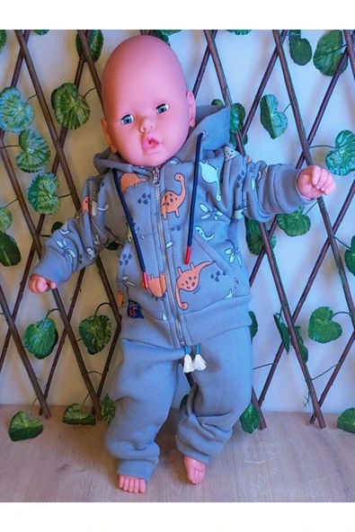 Erkek Çocuk Bebek Dinazor Desenli Kapşünlu Ve Fermuarlı 2 Li Takım