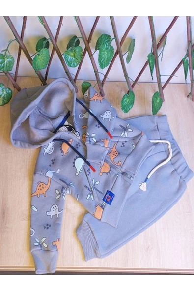 Erkek Çocuk Bebek Dinazor Desenli Kapşünlu Ve Fermuarlı 2 Li Takım - Resim 2