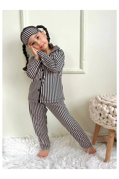Kız Çocuk Düğmeli Cizgili Ayıcık  Desenli Uzun Kollu Pijama Takımı - 2