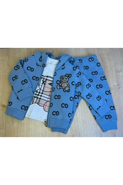 3'Lü Bebek Çocuk Şardonlu Kapişonlu Sweatshirt Uzun Kollu Tshirt Ve Eşohman Altı Takımı