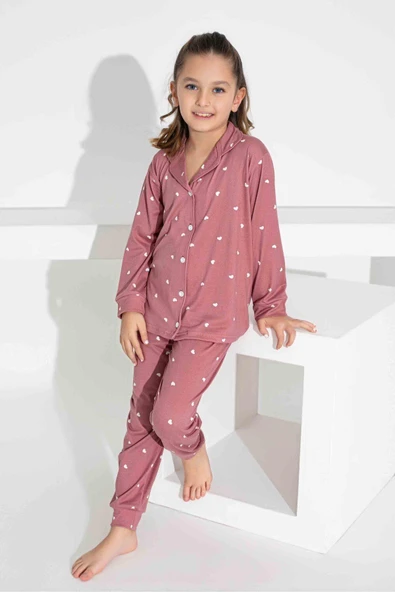 Kız Çocuk Kalp Desenli Düğmeli Uzun Kollu  Pijama Takımı - 2