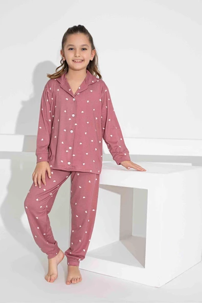 Kız Çocuk Kalp Desenli Düğmeli Uzun Kollu  Pijama Takımı