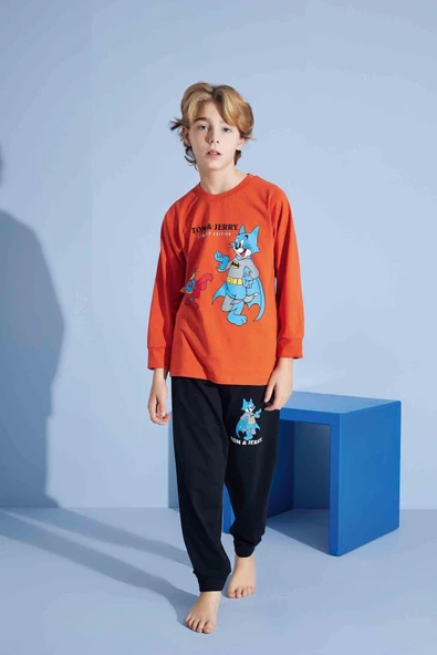 Erkek Çocuk Sevimli Kedi Desenli Uzun Kollu Pijama Takımı ürün görseli 1