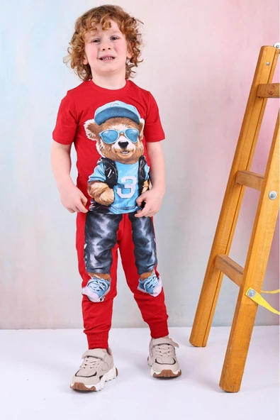 Erkek Çocuk Ayı Desenli Kısa Kollu Tshırt Eşofman 2'Li Takım