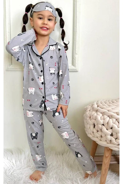 Kız Çocuk Düğmeli Kedi Desenli Uzun Kollu Pijama Takımı - 2