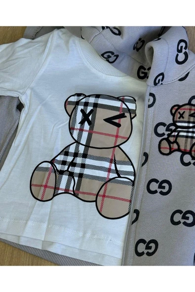 3'Lü Bebek Çocuk Şardonlu Kapişonlu Sweatshirt Uzun Kollu Tshirt Ve Eşohman Altı Takımı - Resim 2