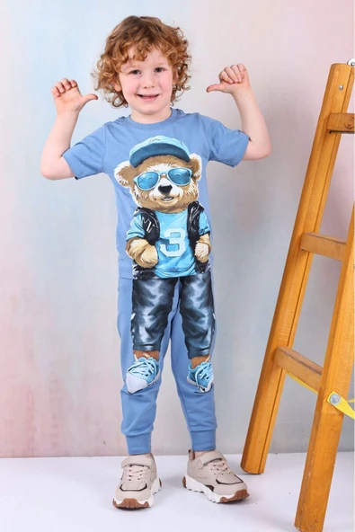 Erkek Çocuk Ayı Desenli Kısa Kollu Tshırt Eşofman 2'Li Takım ürün görseli 1